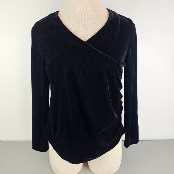 Soft Surroundings Tops - Soft Surroundings Black Velvet Faux Wrap Ruched V-Neck Top PL 37120